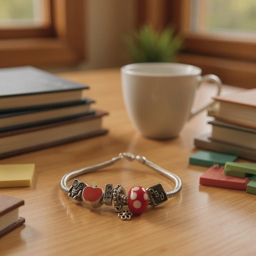 Silver Tone & Red Teacher European Charm Bracelet